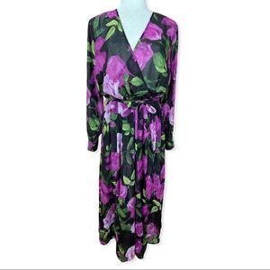 Alexa B Nites Black Floral Lined Sheer Shimmery Wrap Maxi Dress Size 14W Plus
